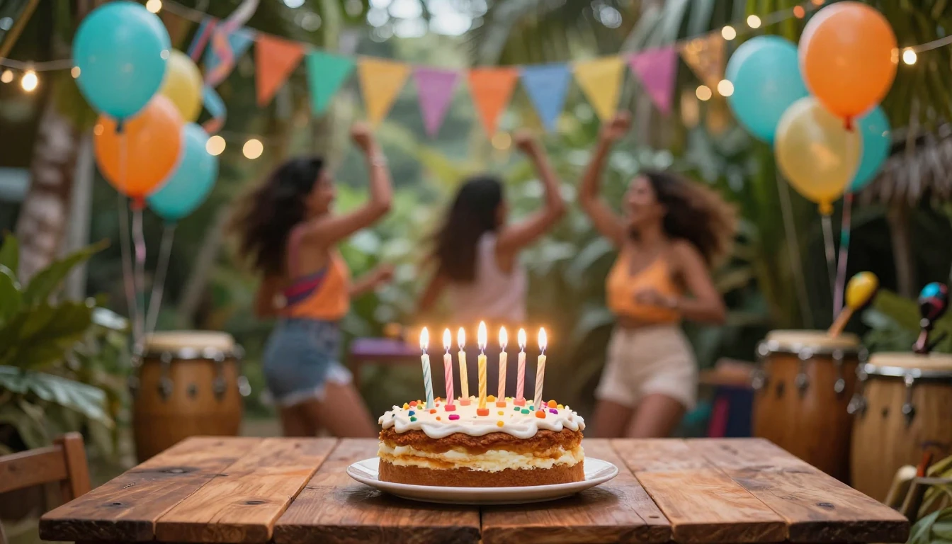 A vibrant and festive birthday celebration scene in a tropic...