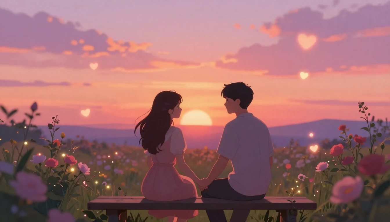 A romantic and dreamy illustration of a couple sitting on a ...
