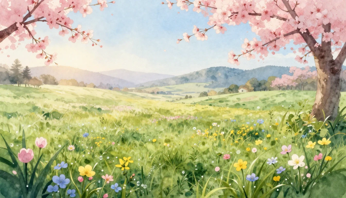 A beautiful watercolor painting of a lush green meadow at da...