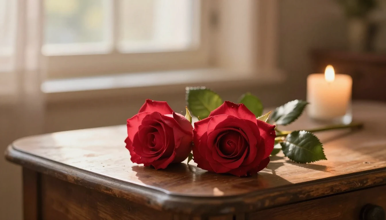 A beautiful and delicate scene featuring two intertwined red...