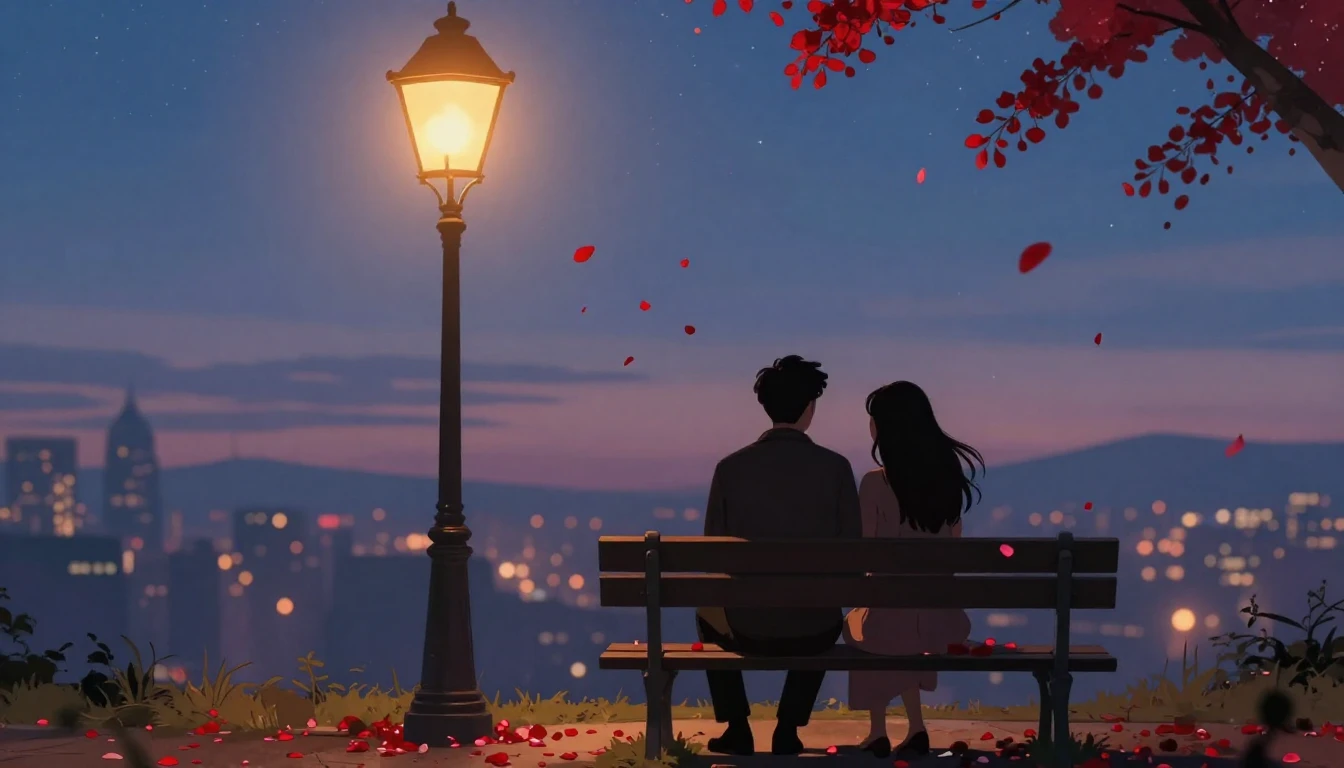 A romantic scene featuring a silhouette of a couple sitting ...