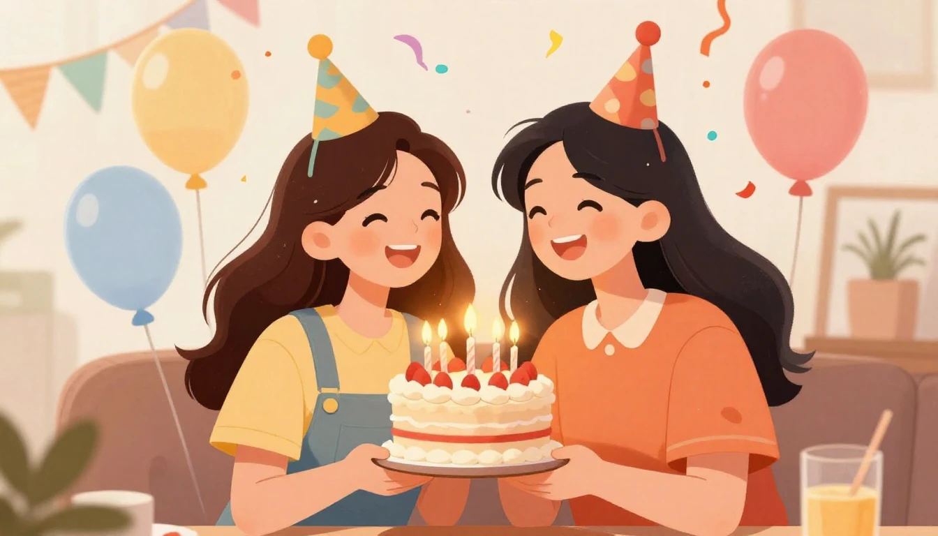 A heartwarming digital illustration of two best friends cele...