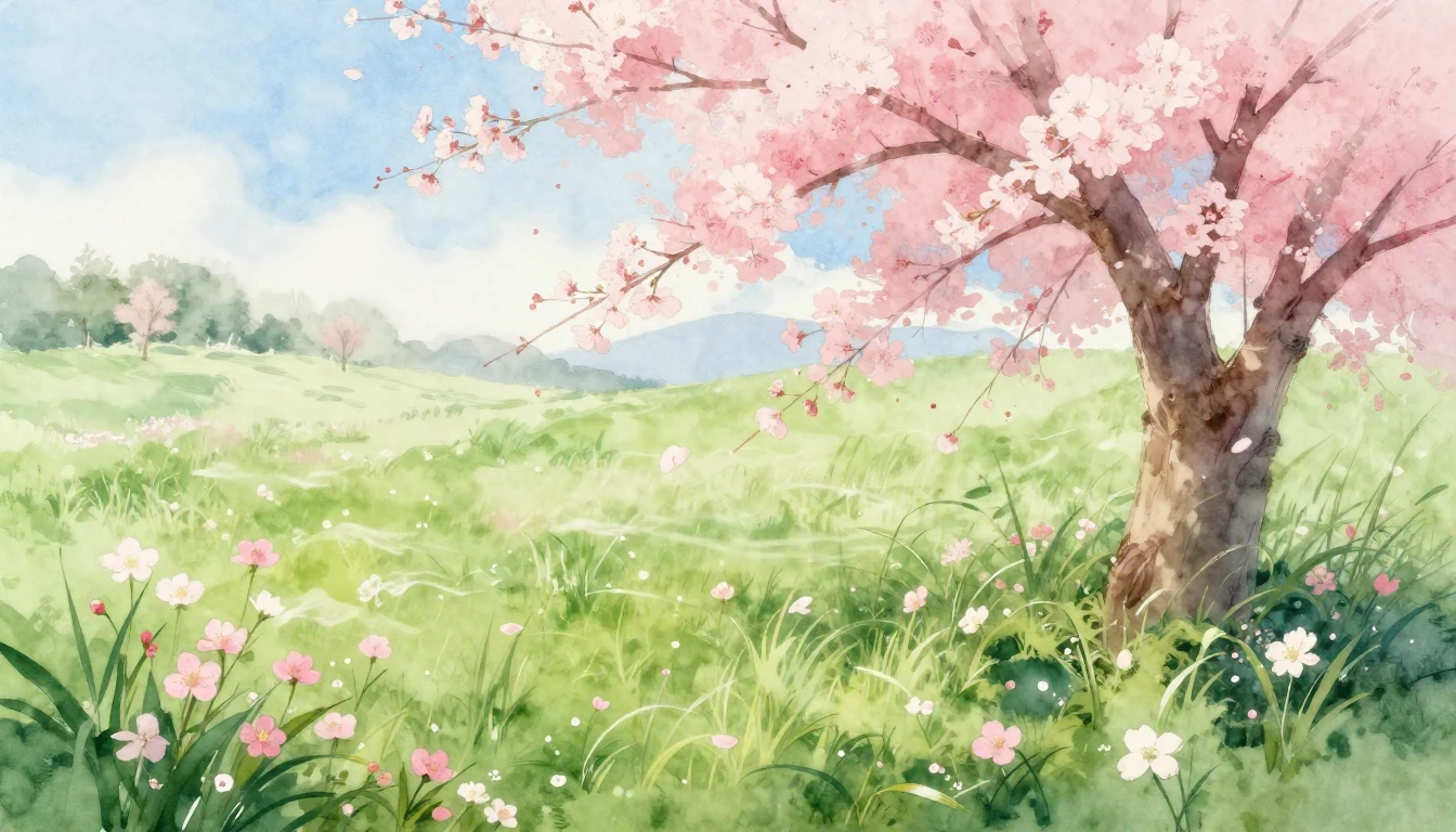 A beautiful watercolor painting of a lush spring meadow. Sof...