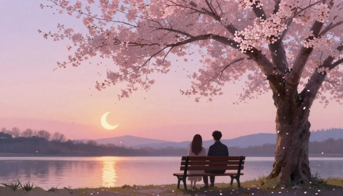 A serene and romantic scene featuring two silhouettes sittin...