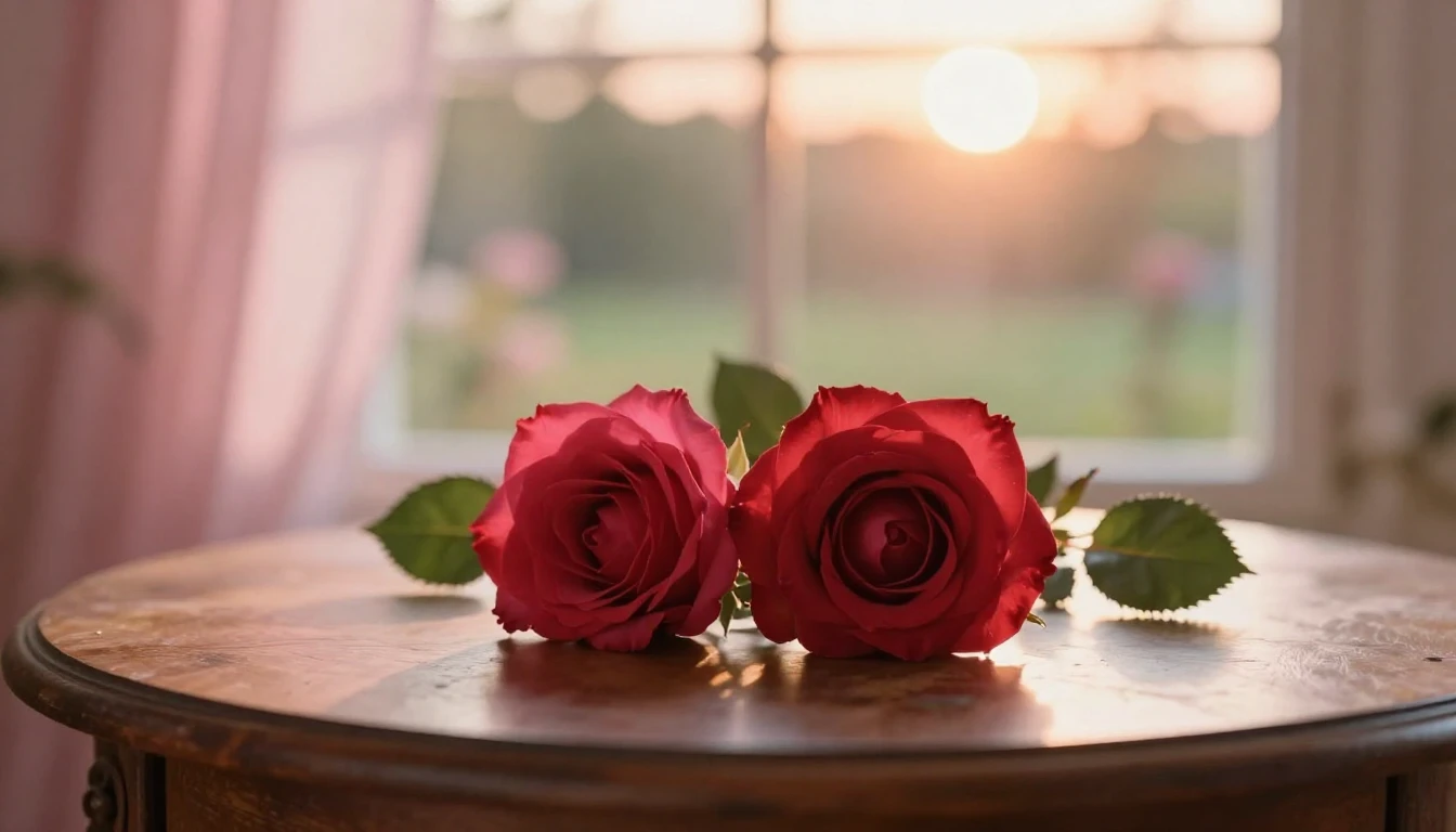 A romantic and dreamy scene featuring two intertwined red ro...