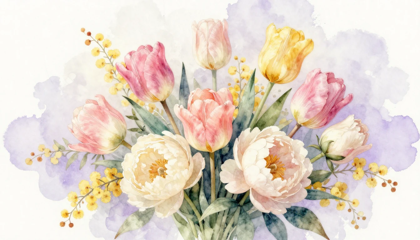 A delicate watercolor painting of a lush bouquet featuring t...