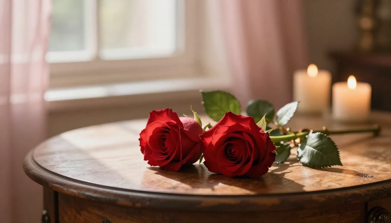 A beautiful and delicate scene featuring two intertwined red...