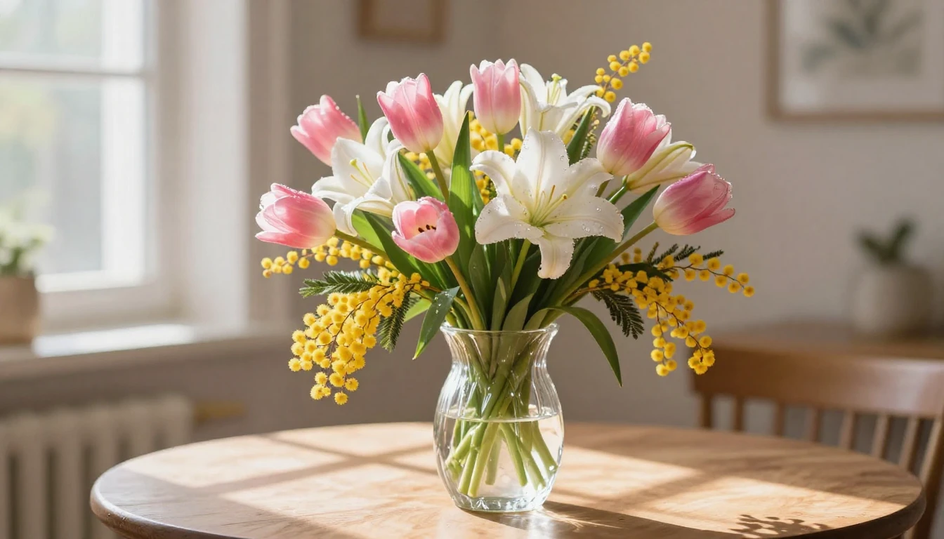 A lush bouquet of spring flowers including pink tulips, whit...