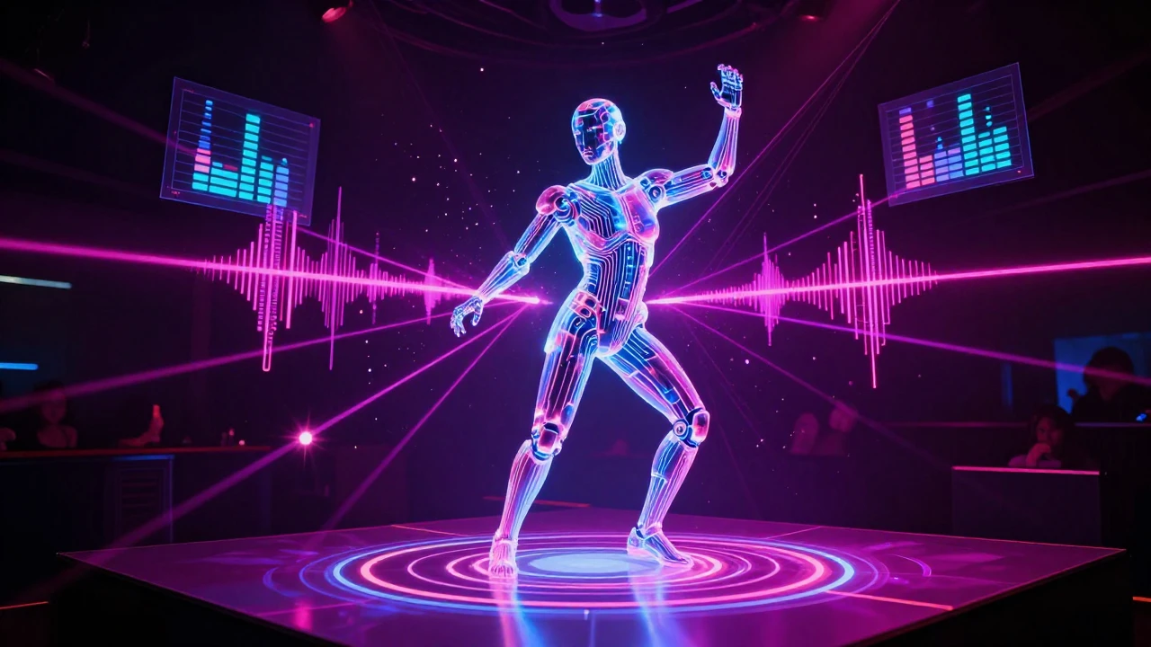 A glowing futuristic dance floor bathed in vibrant ultraviol...