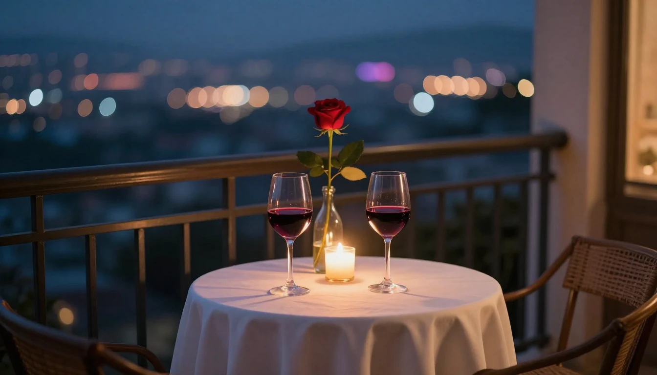 A romantic evening scene on a balcony overlooking a city at ...