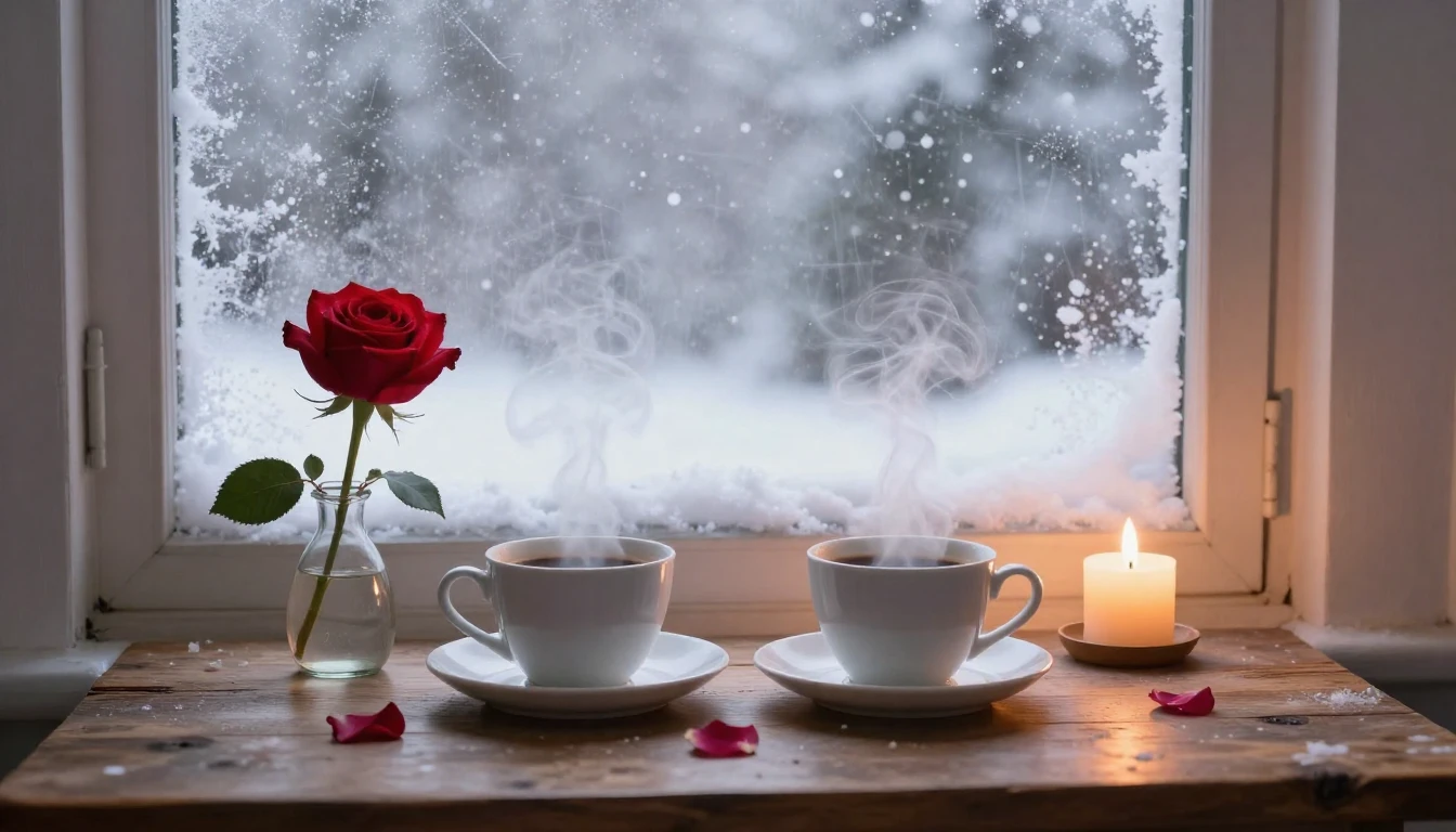 A romantic and cozy scene next to a frosted window with a vi...