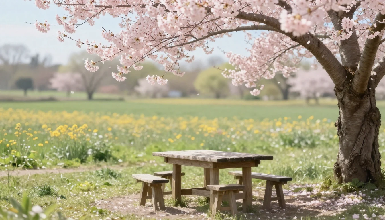 A serene outdoor setting during spring, featuring a rustic w...