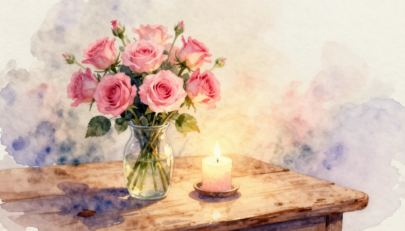 A beautiful watercolor painting of a romantic setting. In th...