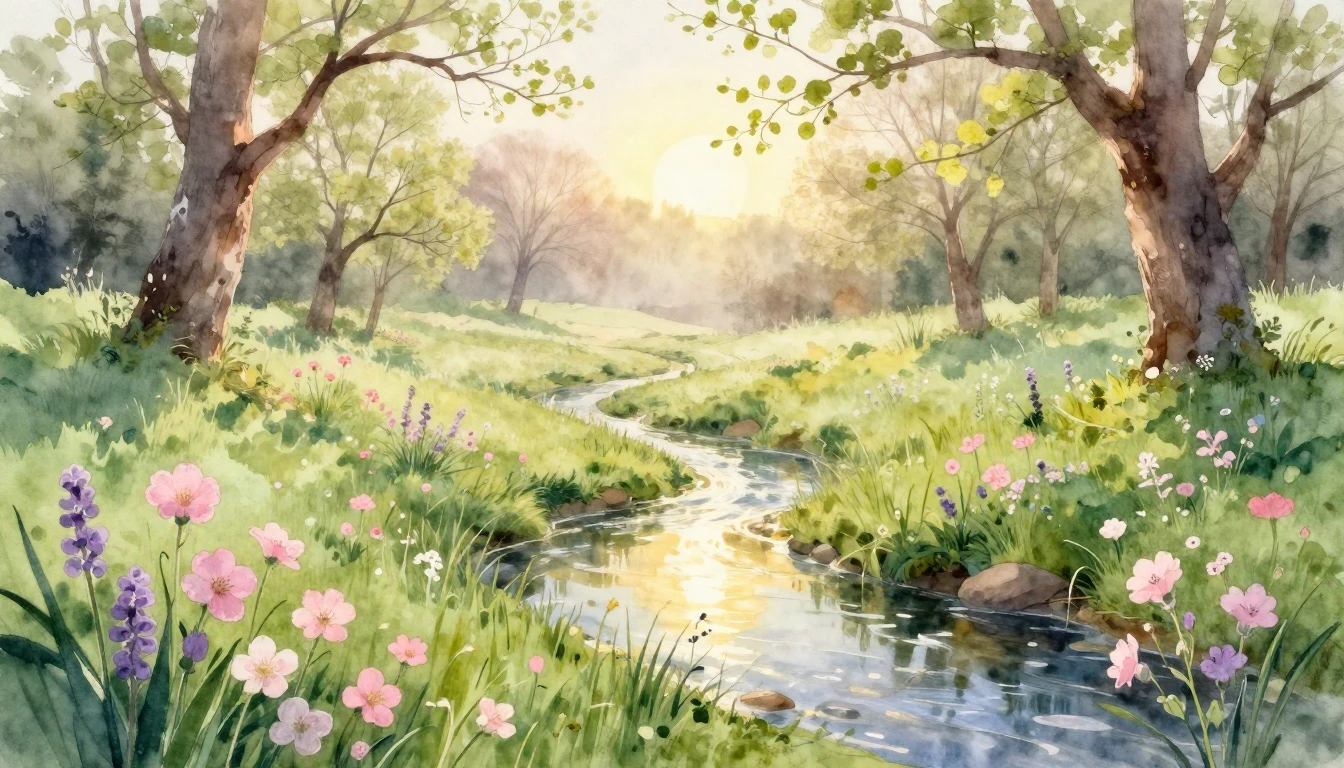 A breathtaking watercolor painting of a serene meadow at the...