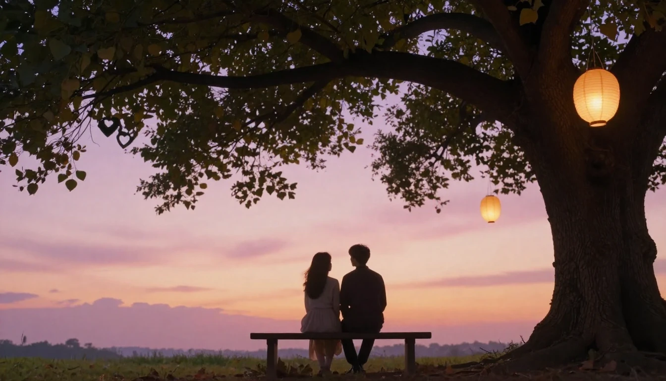 A romantic and dreamy scene featuring two silhouettes sittin...