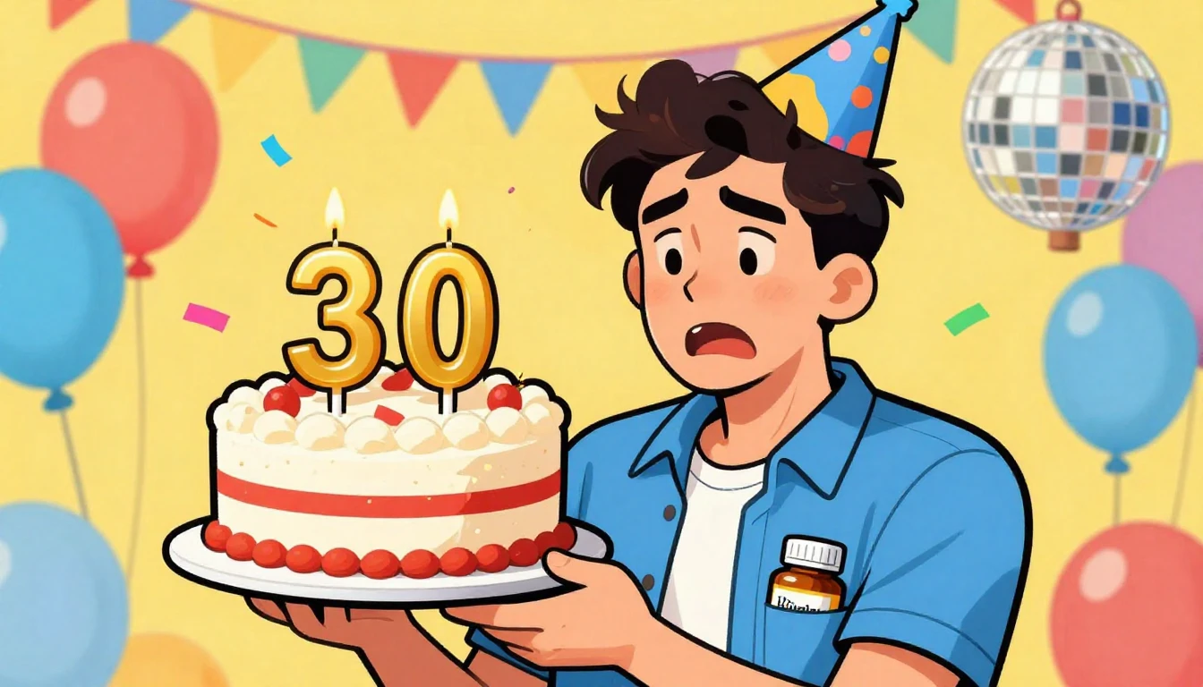 A humorous illustration of a 30-year-old man holding a large...