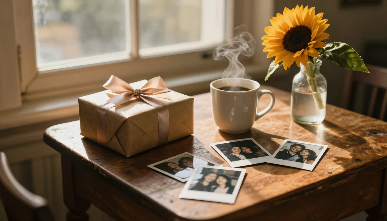 A nostalgic and warm composition featuring a vintage wooden ...