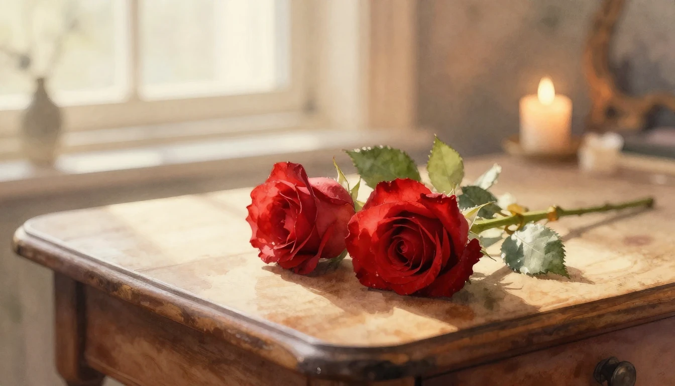 A delicate watercolor painting of two intertwined red roses ...