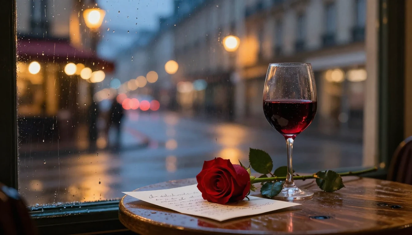 A romantic scene in a rainy Parisian street at night, viewed...