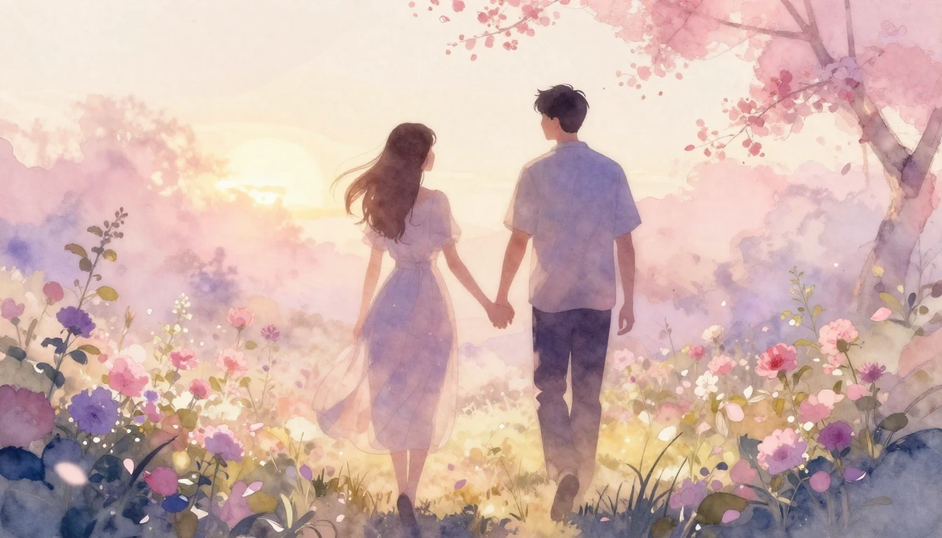 A dreamy watercolor painting of two silhouettes walking hand...