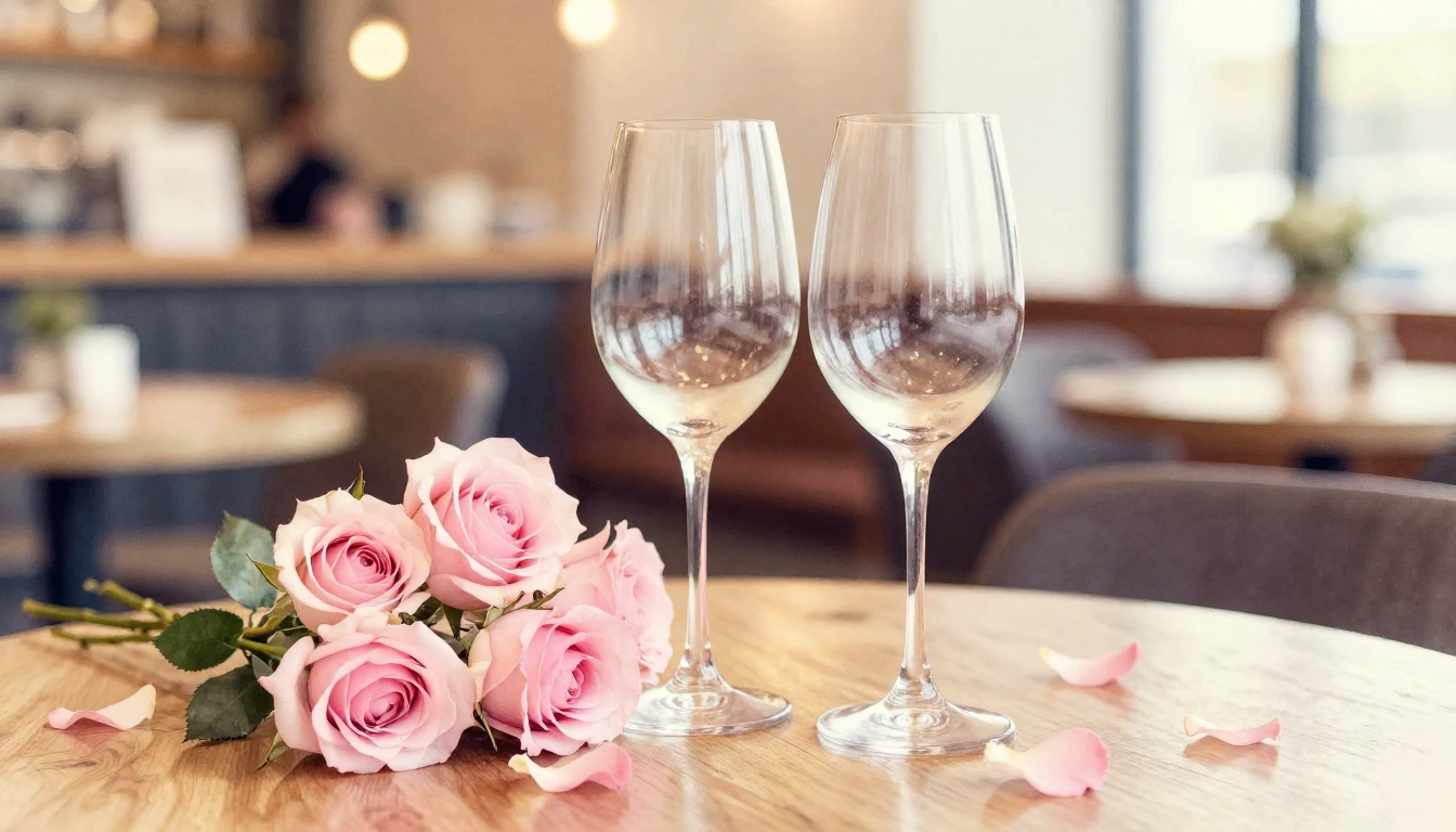 A dreamy watercolor painting of two elegant wine glasses sit...