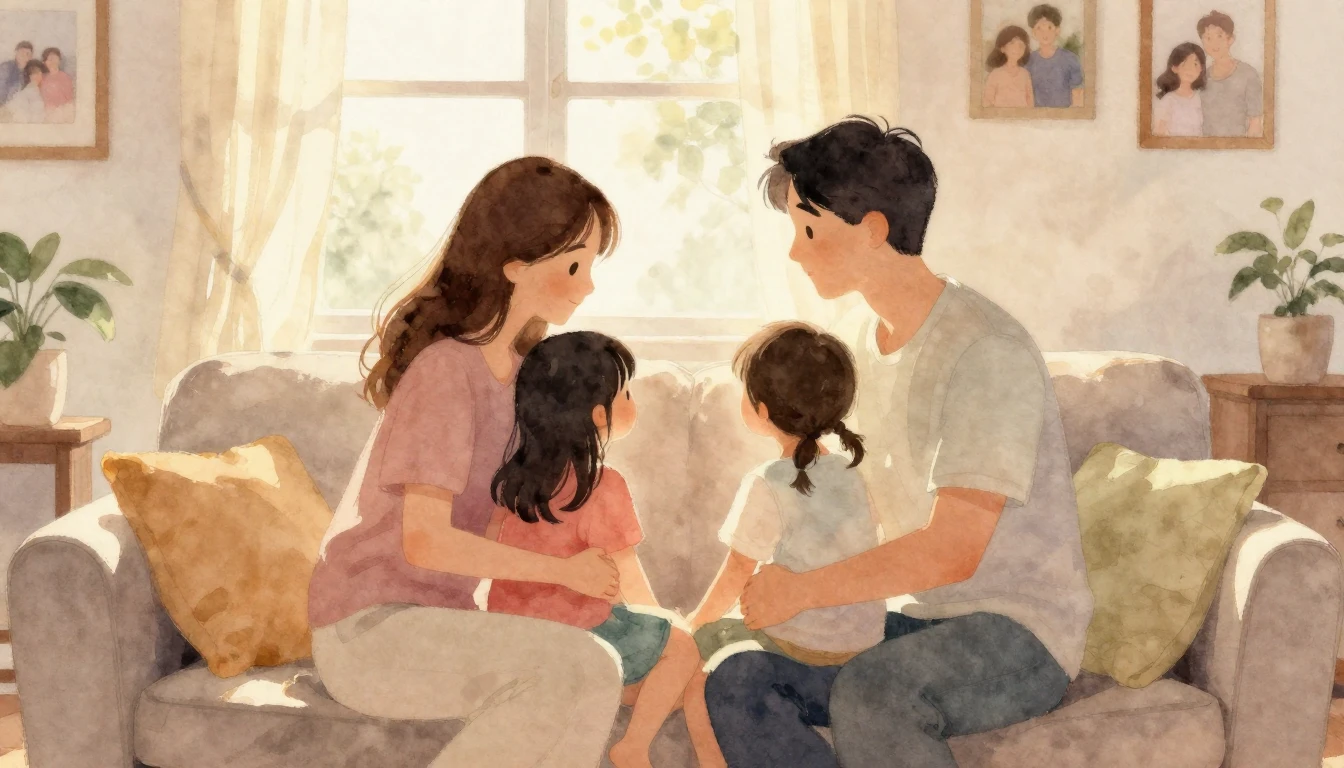 A warm and nostalgic watercolor painting of a family sitting...