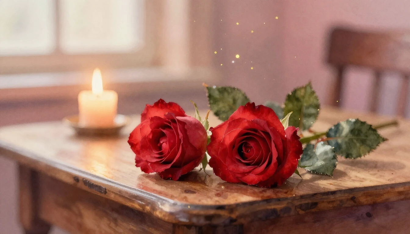 A soft watercolor painting of two delicate red roses resting...