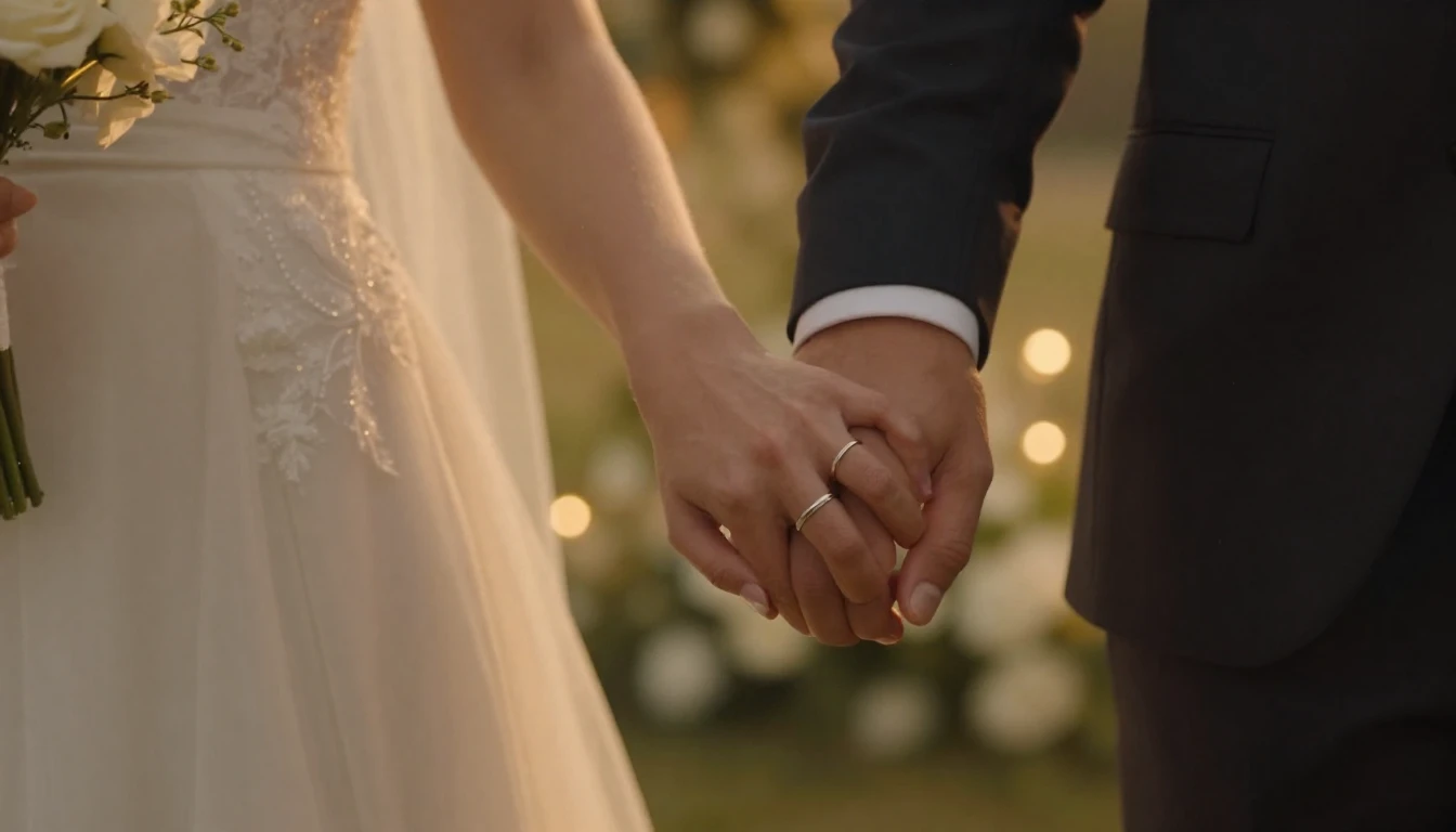 A close-up, cinematic shot of a bride and groom holding hand...