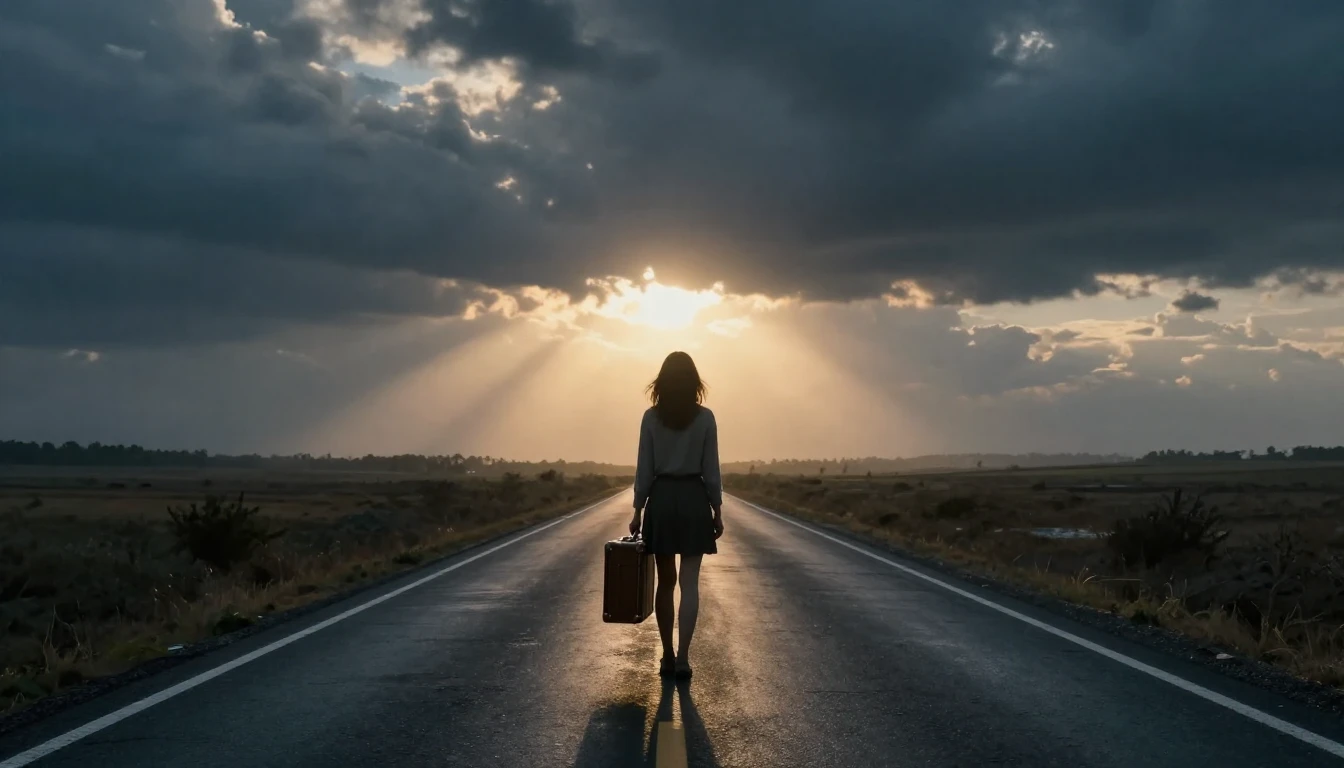 A cinematic wide shot of a lone woman standing at the end of...