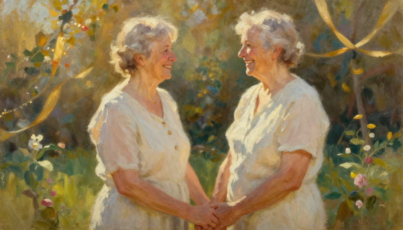 A heartwarming oil painting of an elderly couple holding han...