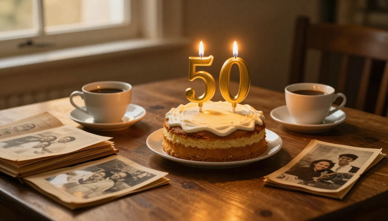 A beautifully arranged wooden table with a warm glowing birt...