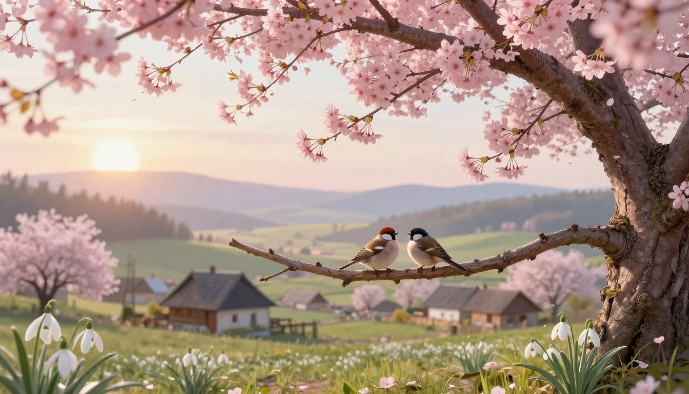 A serene spring landscape in a traditional Romanian village ...