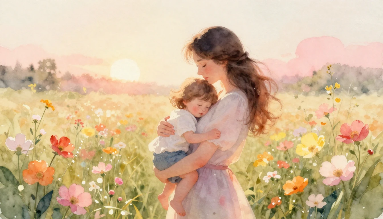 Soft and dreamy watercolor painting of a mother embracing he...