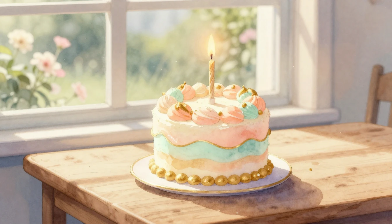 A beautiful watercolor painting of a small, elegant birthday...