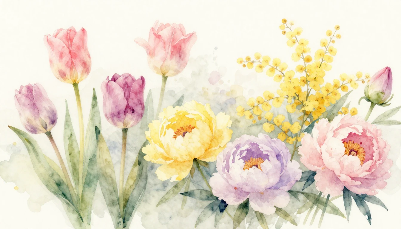 A delicate watercolor painting featuring a variety of bloomi...