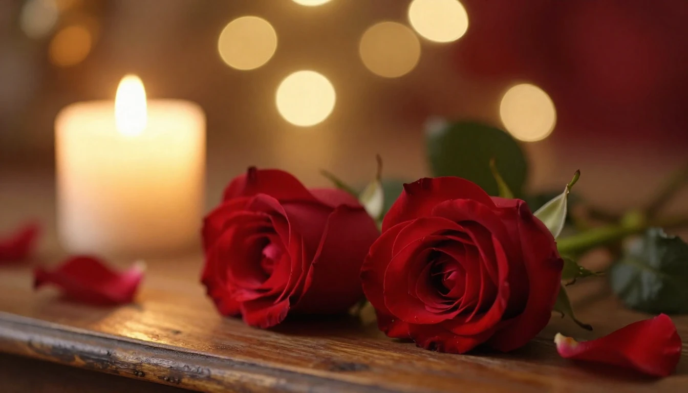 A soft and ethereal scene depicting two delicate red roses r...