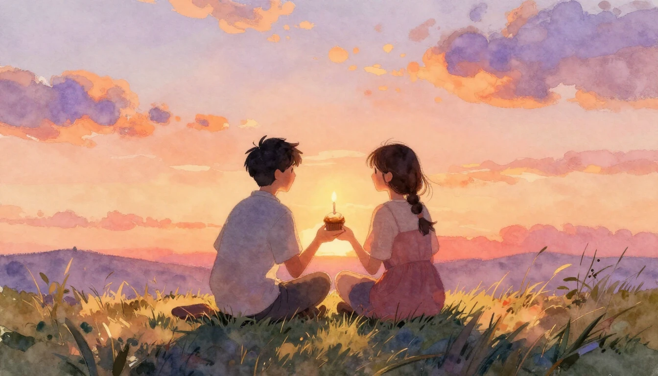 A heartwarming watercolor painting of two close friends sitt...