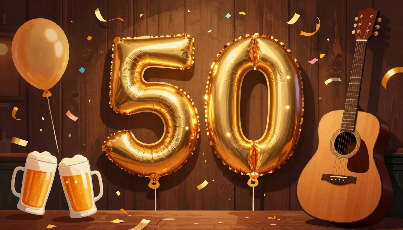 A festive and warm illustration celebrating a 50th birthday....