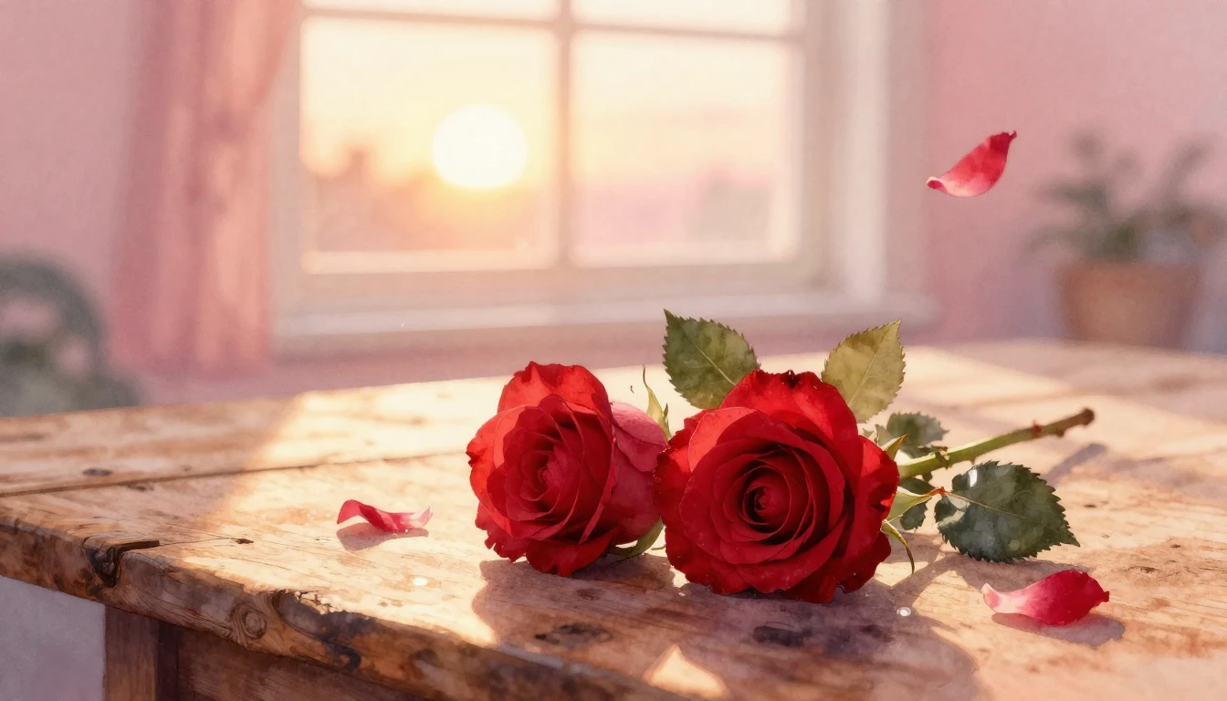 A soft watercolor painting of two delicate red roses intertw...