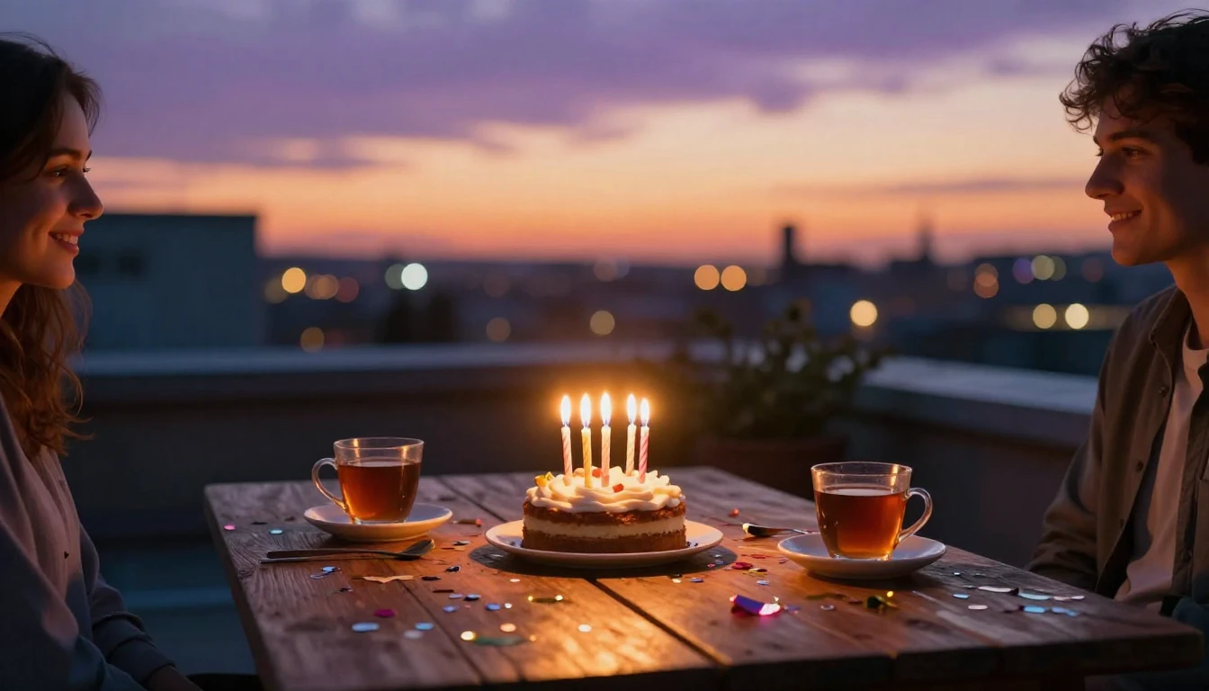 A warm and inviting birthday celebration setting on a roofto...