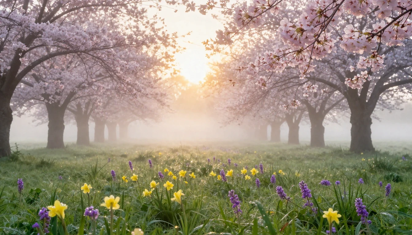 A breathtaking landscape of a meadow at dawn during early sp...
