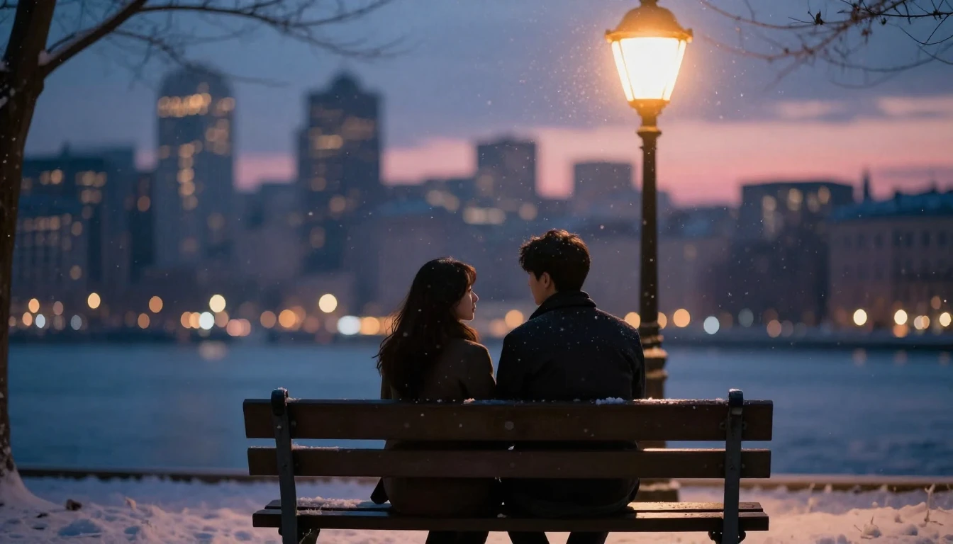 A romantic, soft composition showing two silhouettes sitting...