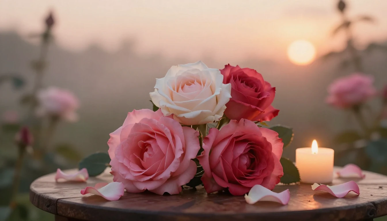 A beautiful and ethereal scene of two blooming roses intertw...