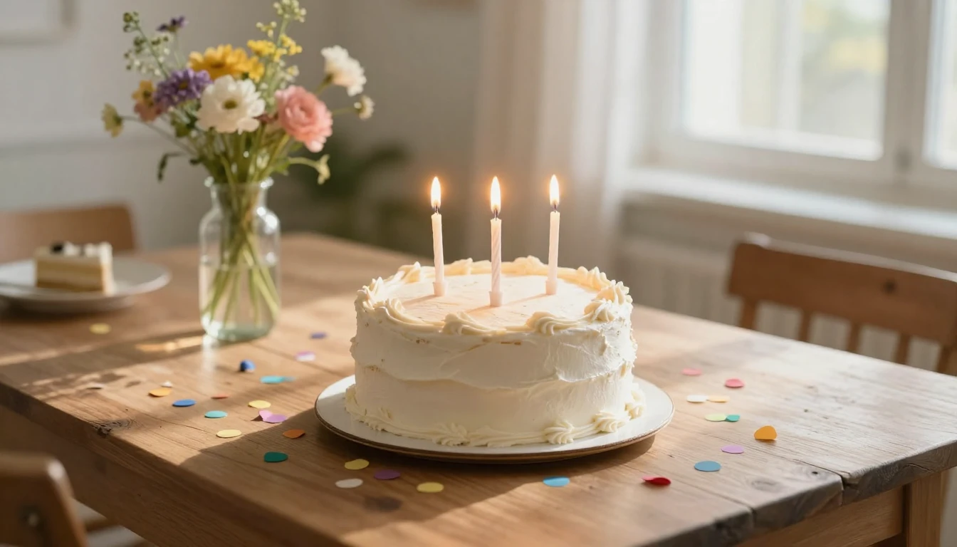 A close-up view of a rustic wooden table set for a birthday ...