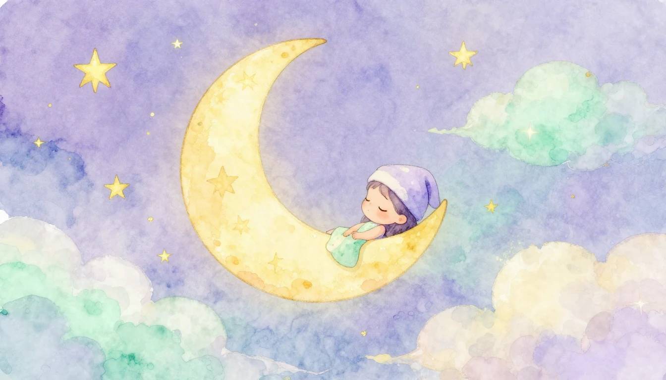 A dreamy and soft watercolor illustration of a crescent moon...