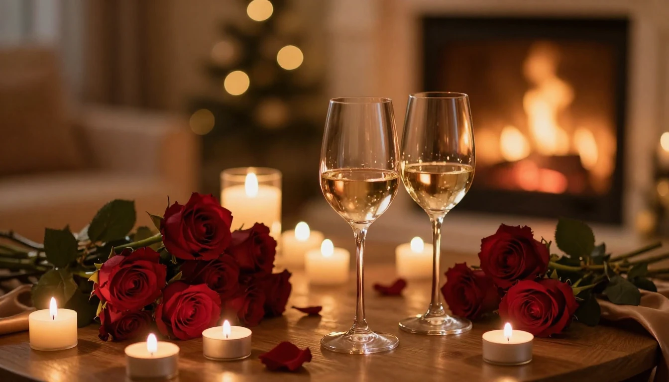 A high-quality cinematic shot of a cozy, romantic setting. T...