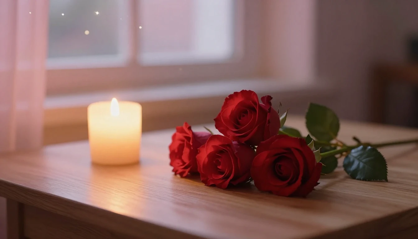A soft and ethereal scene featuring two delicate red roses r...