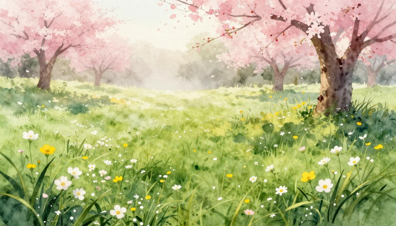 A beautiful watercolor painting of a lush green meadow at da...
