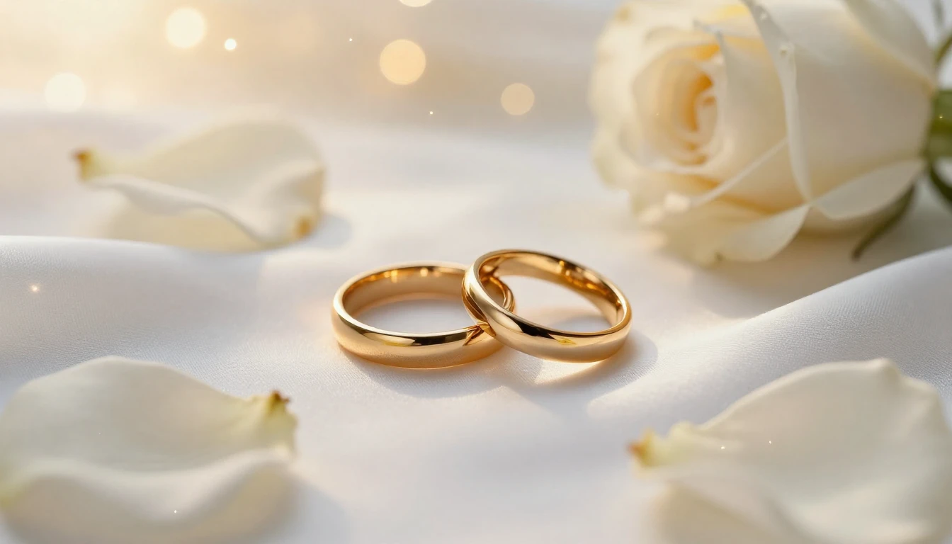 Close-up of two golden wedding rings resting on a bed of sof...
