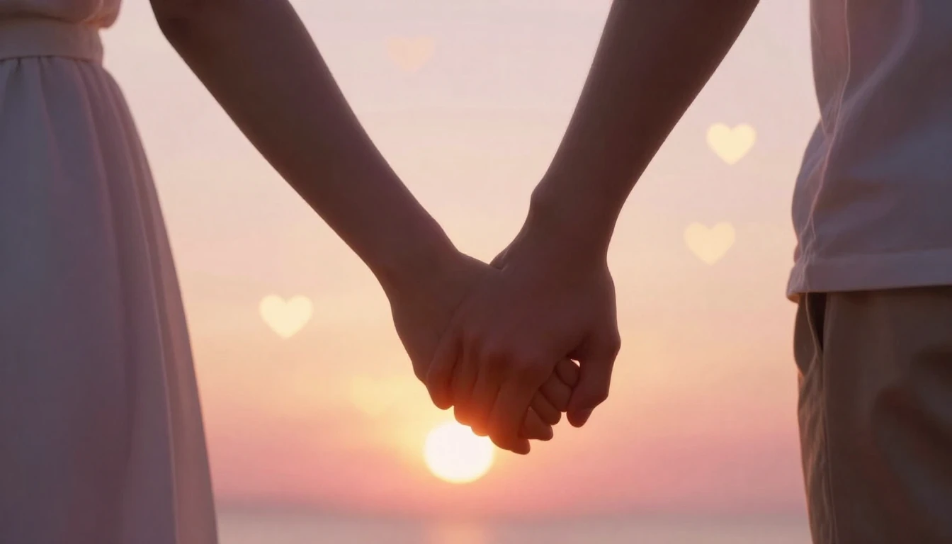 A romantic cinematic close-up shot of a couple holding hands...